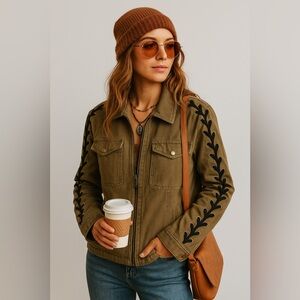 Free People Faye Lace Up Sleeve Military Jacket Chore Utility Olive Boho‎ Grunge